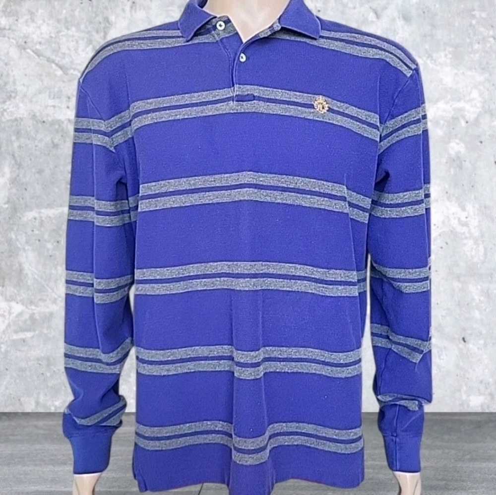 Lauren Ralph Lauren Polo Shirt XL Blue Gray Striped Long Sleeve Rugby Logo